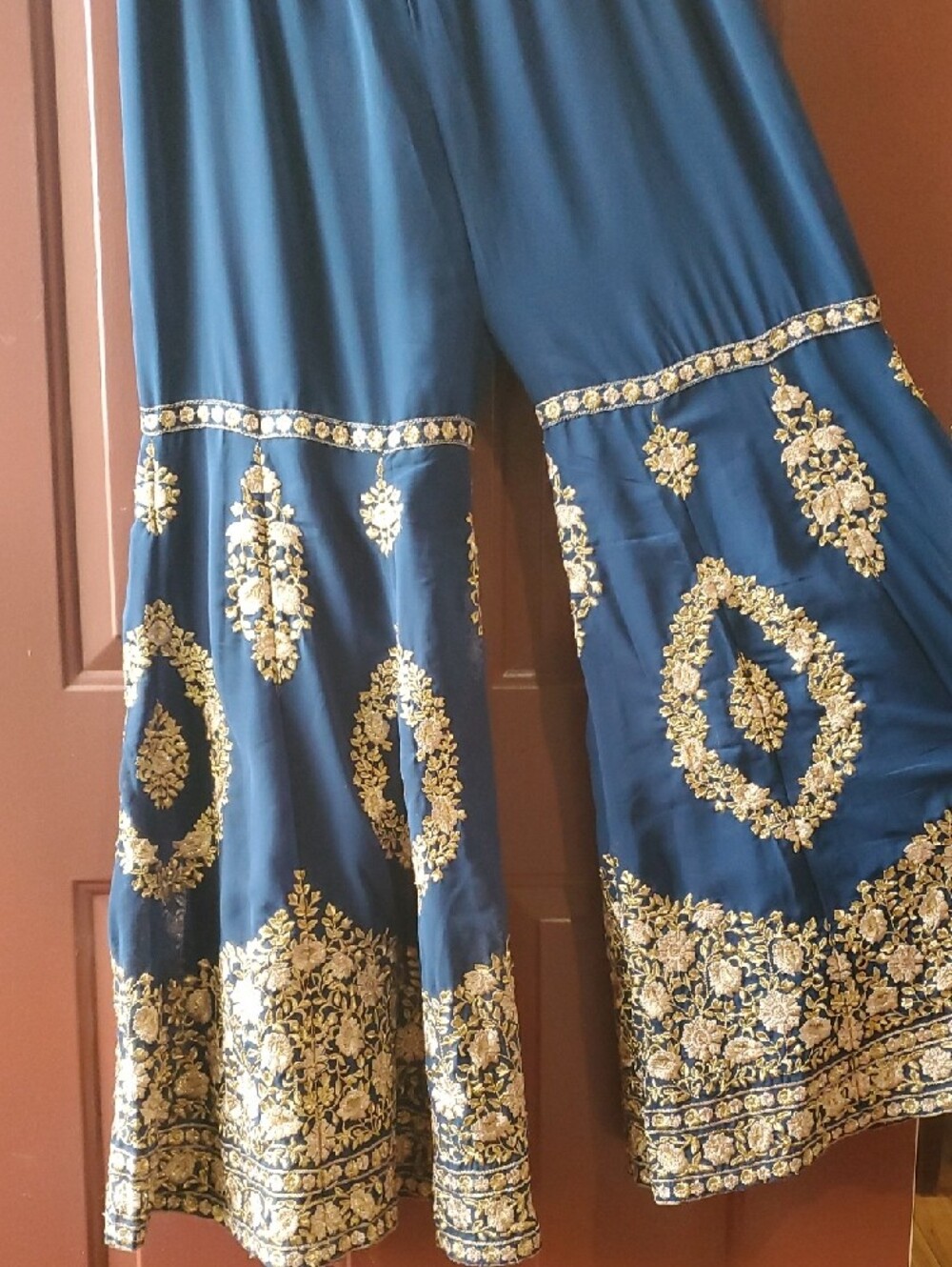 Sharara Blue Wide Leg Pants with Gold Embroidered Border Waist 17